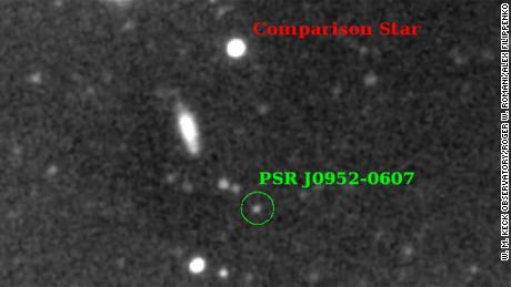 Astronomers have observed a faint star (green circle) that has been stripped of almost all of its mass by an invisible neutron star.  The stripped star is much fainter and smaller than an ordinary star (top).