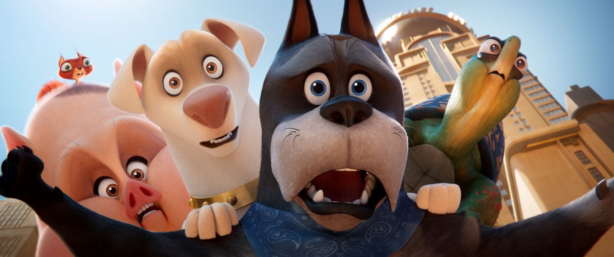 Ace the Bat-Hound (Kevin Hart) acts as a canine shield for the rest of the cast of animals in DC League of Super-Pets