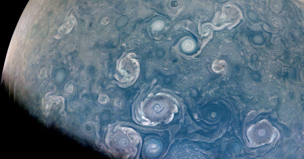 NASA watercolor vortex spacecraft images near Jupiter's north pole

