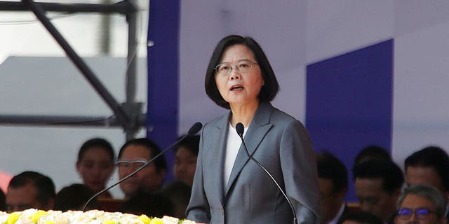 Taiwanese President Tsai Ing-wen delivers a speech during National Day celebrations in front of the presidential building in Taipei, Taiwan, Thursday, Oct. 10, 2019. 