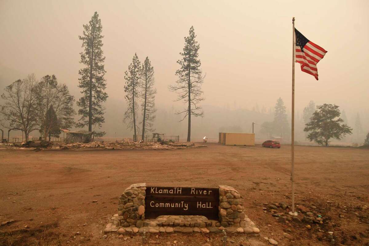 The Klamath River Community Hall is seen destroyed by the McKinney Fire in the community of Klamath River, Calif., Saturday, July 30, 2022. (Scott Stoddard/Grants Pass Daily Courier via AP)