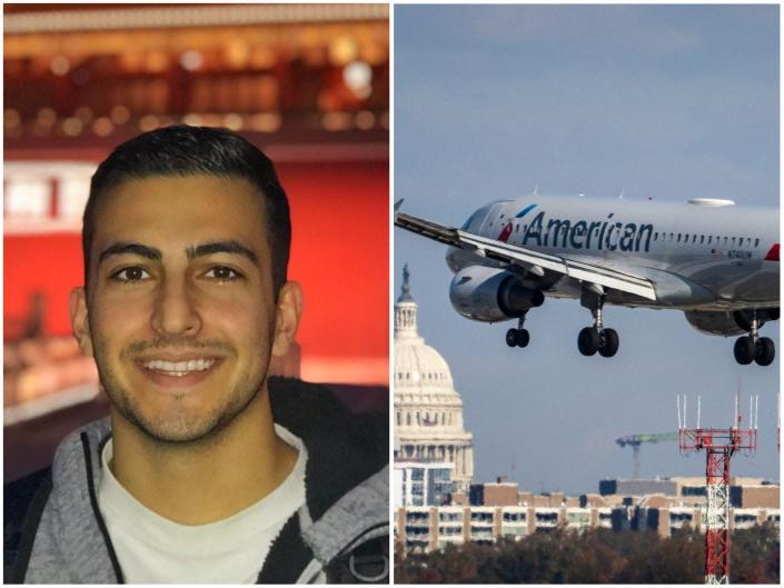 A collage of Ashkan Aghassi and an American Airlines plane.