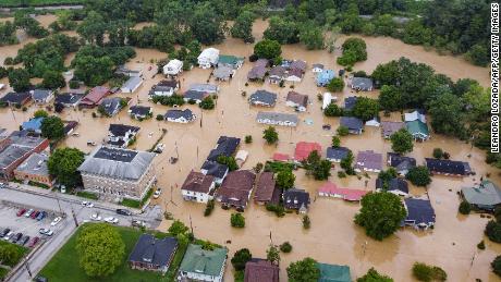 Aerial view of homes submerged by floodwaters in Jackson, Kentucky.