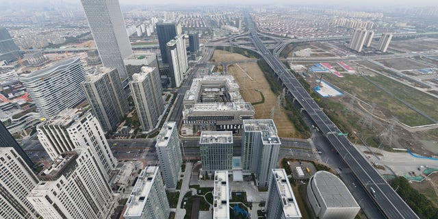 An aerial view shows the construction site of New York University's new campus, NYU Shanghai, in Shanghai, China, February 16, 2022.