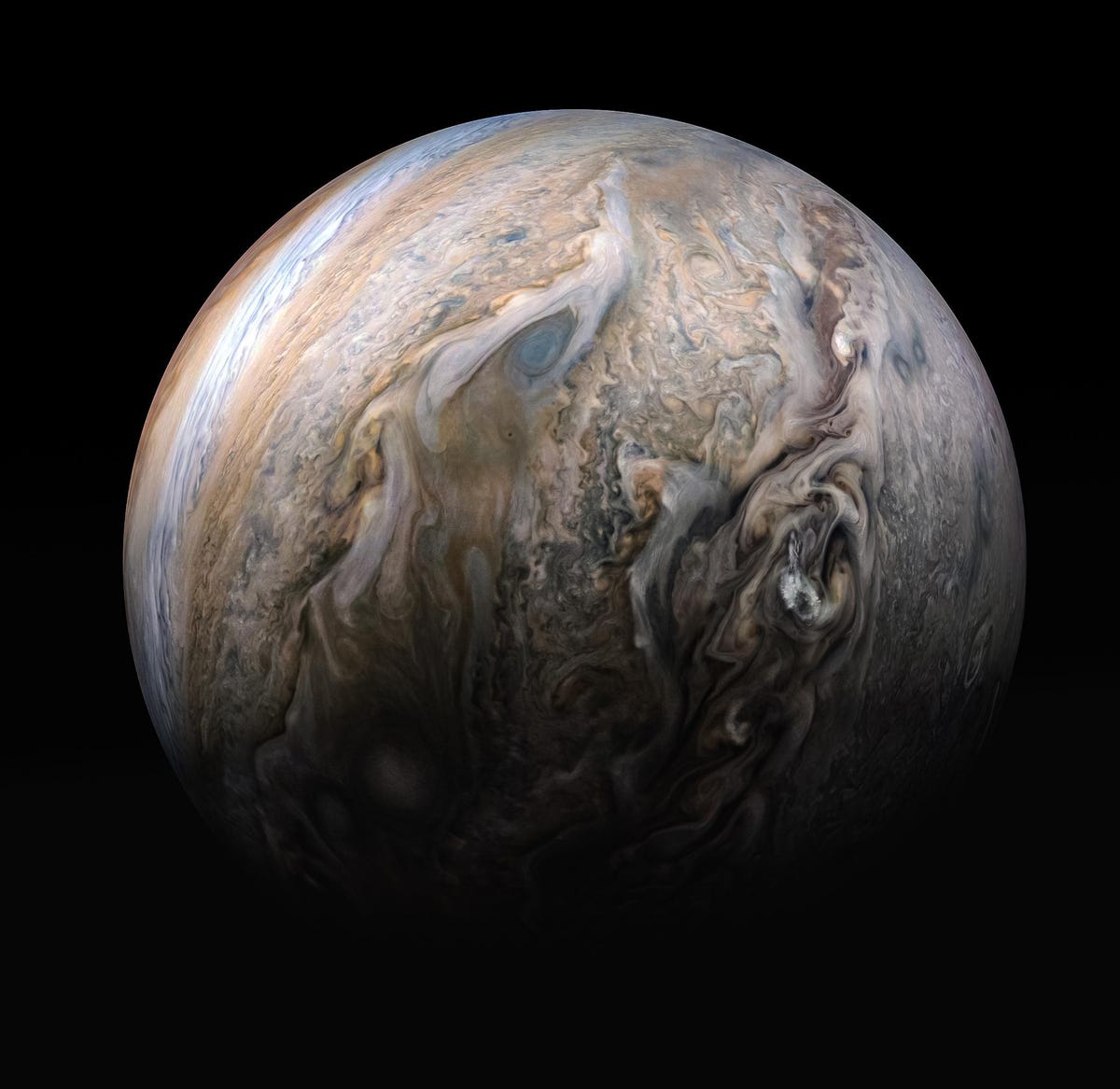 A marble-colored Jupiter against the black of space