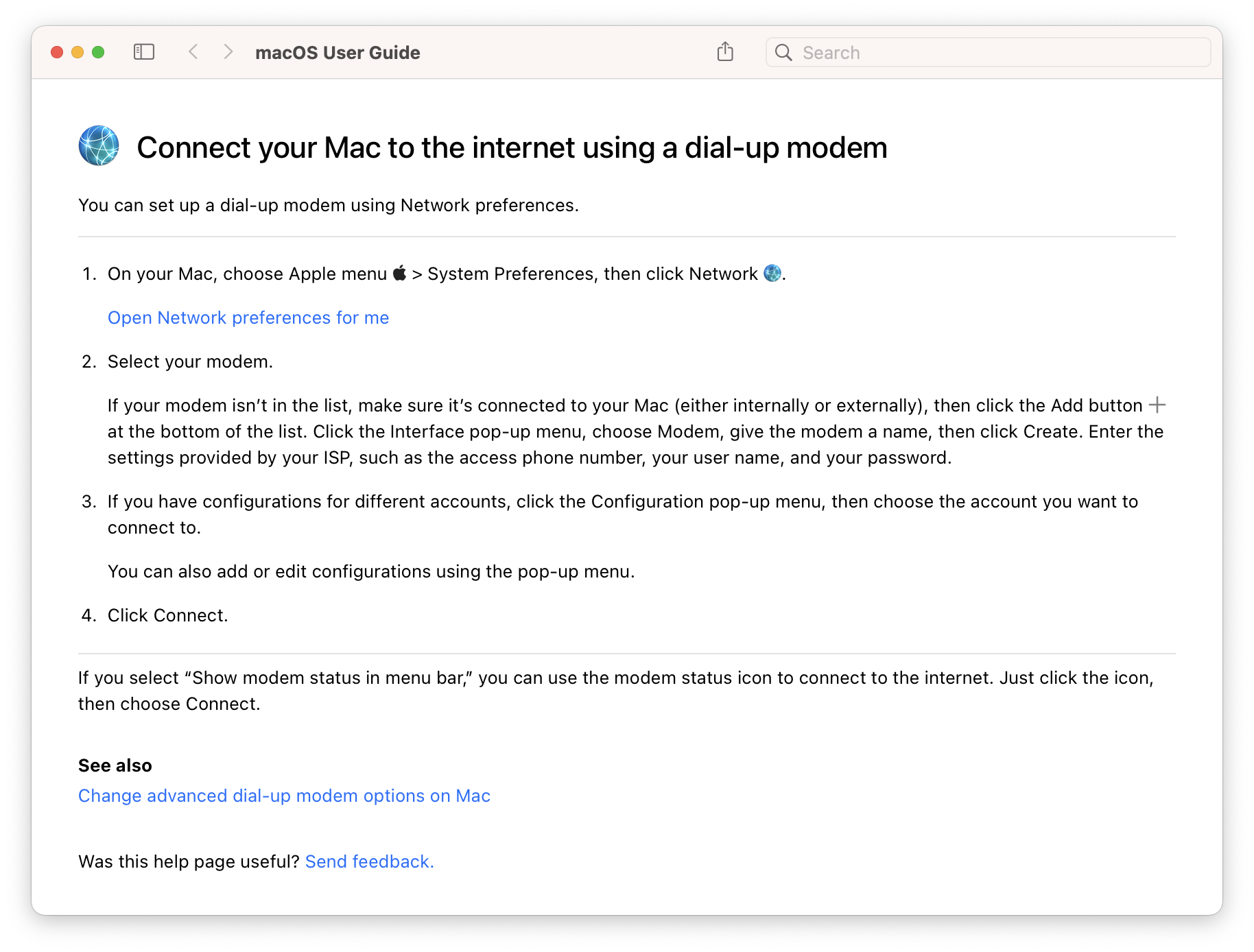 Sorry, Apple will no longer help you set up a dial-up modem on your Mac.