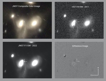 3 images of 3 galaxies in space, and 1 image showing the differences between them.